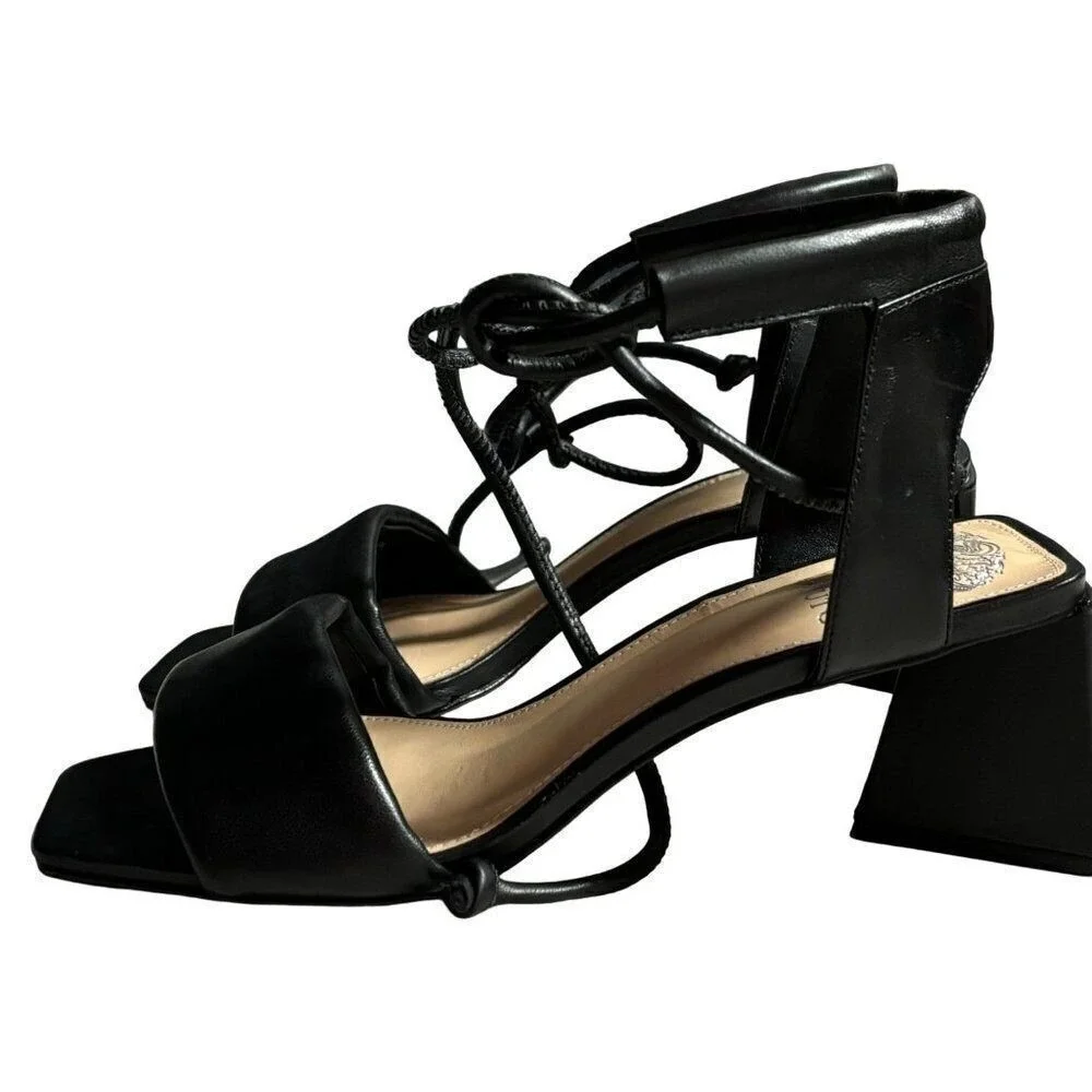 VInce Camuto Vernisa, Block Heel Black Leather Stappy‎ Sandals Shoes Size 8